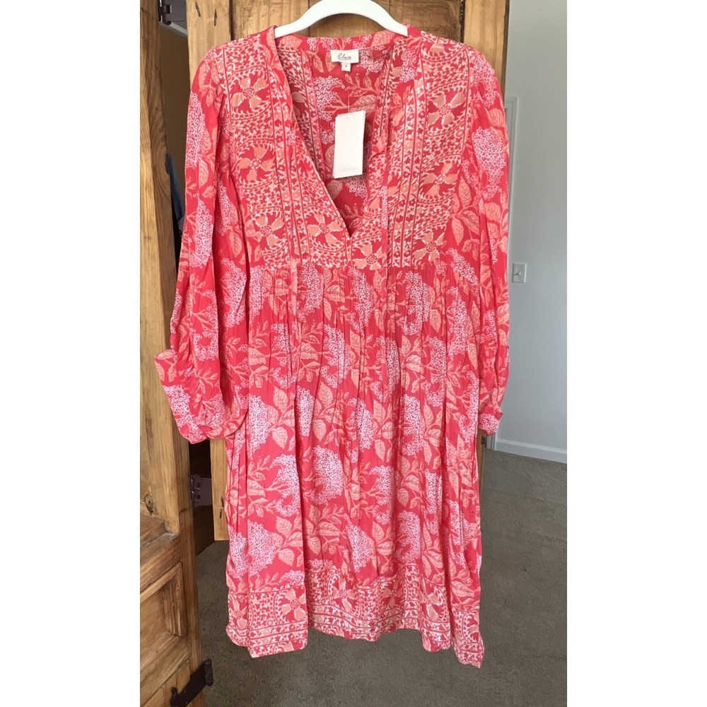 Elan Red/Coral Boho Floral Print 3/4 Sleeve Rayon Babydoll Tunic Dress Summer